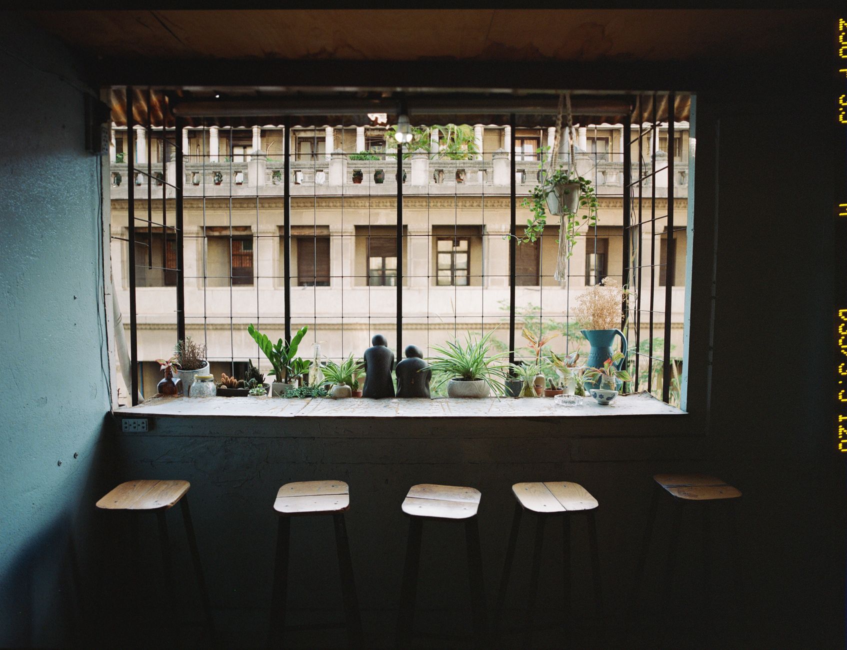 A cozy indoor cafe setting featuring a window view with potted plants and stools.